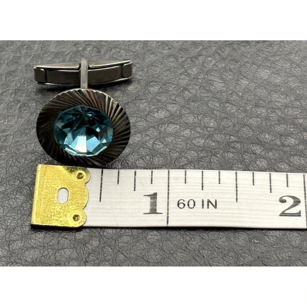 Vintage Faux Blue Topaz Crystal Rhinestone Etched Cufflinks Silver Tone